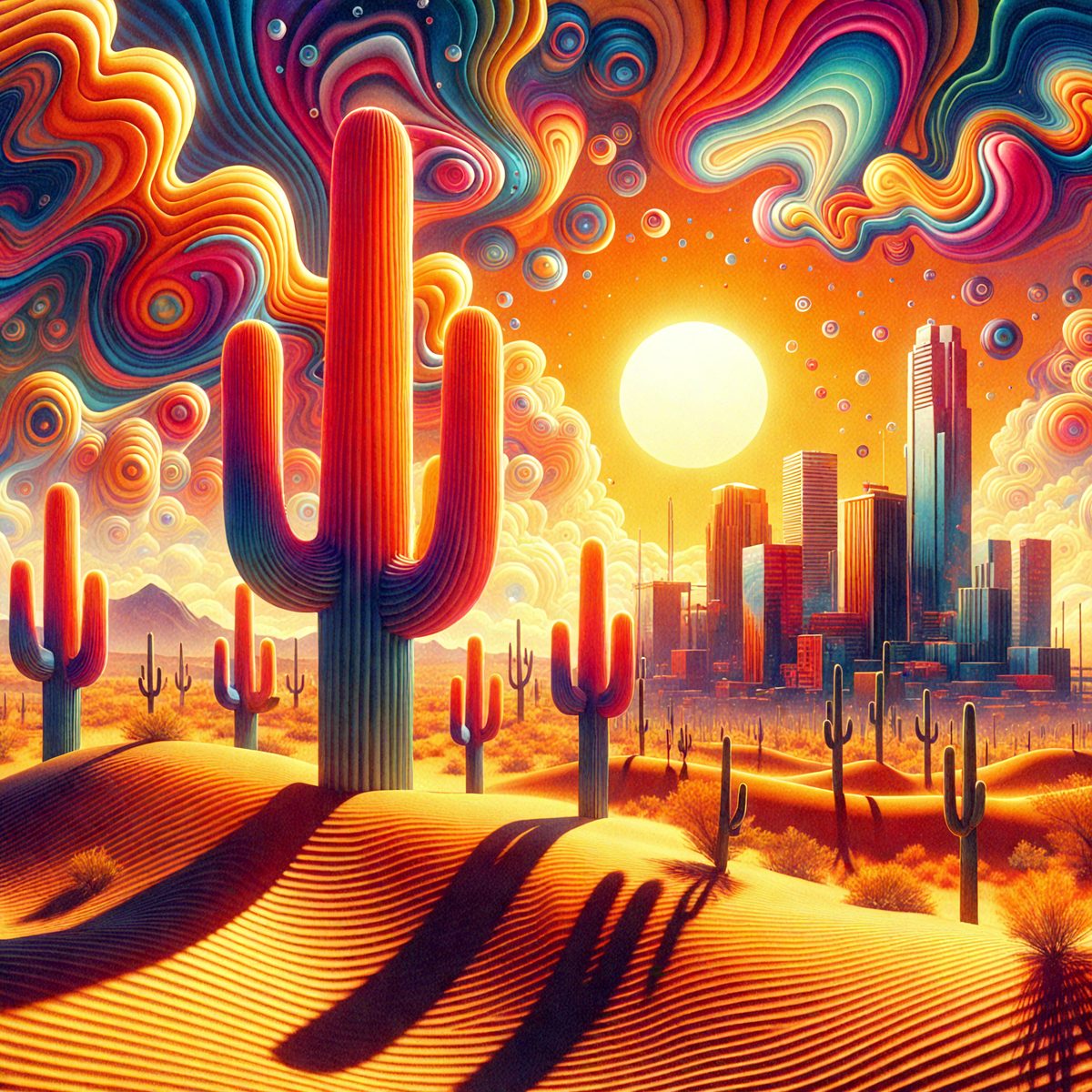 The primary subject of the image is a desert landscape with a sunset in the background. The setting includes a city skyline in the distance, and the visual style is a digital art or illustration. The colors and mood of the image are warm and vibrant, with the sunset casting a golden glow over the desert and the cityscape.